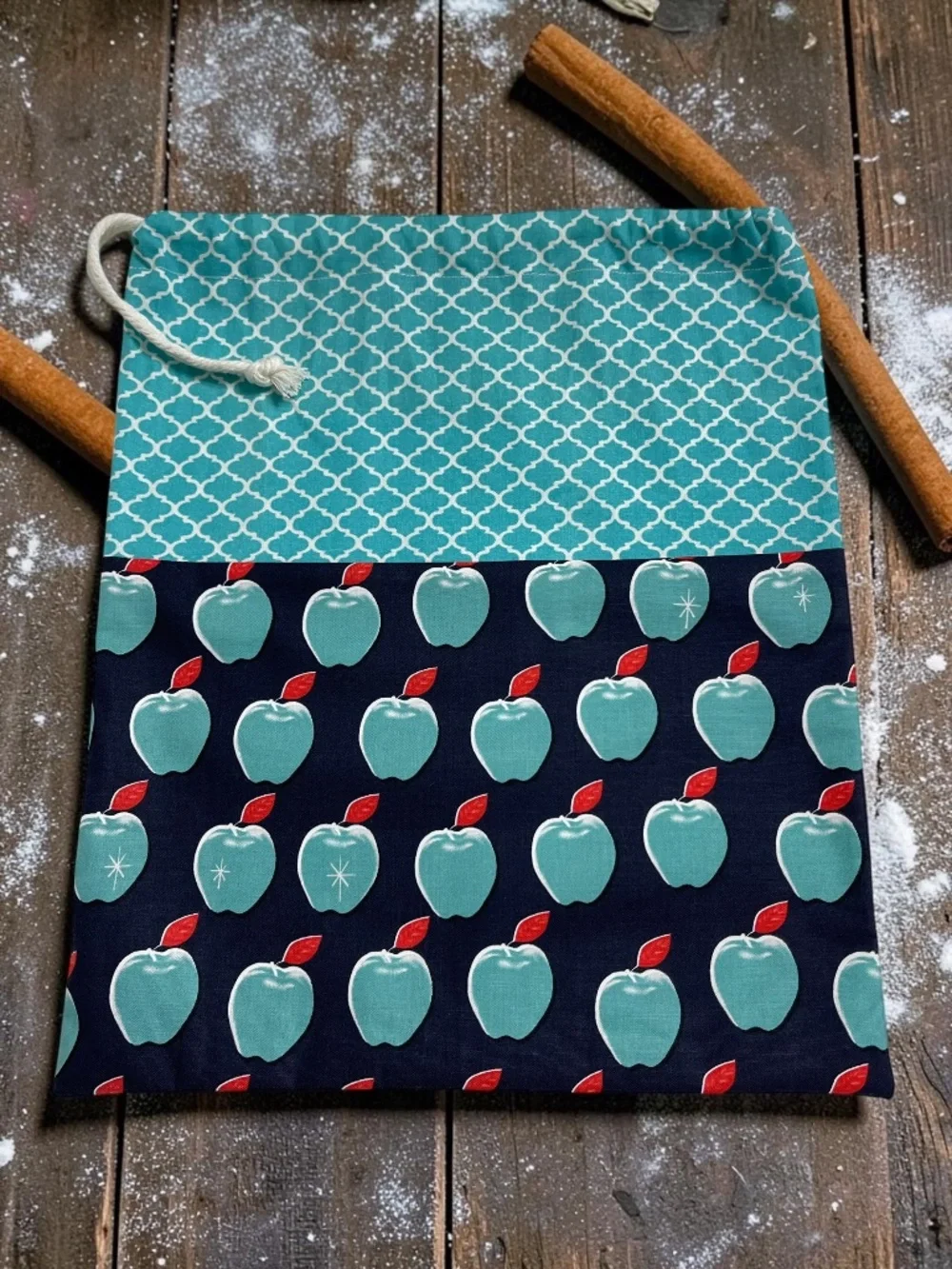 Teal Apple Print Bread Bag, Reusable Cotton Bread Bag, Sourdough Storage Bag